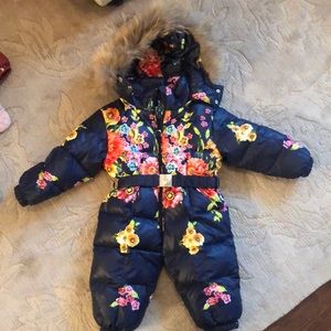 Navy floral baby snowsuit for chic baby